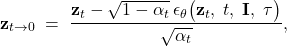 \[ \mathbf{z}_{t \to 0} \;=\; \frac{\mathbf{z}_t - \sqrt{1 - \alpha_t} \,\epsilon_{\theta}\bigl(\mathbf{z}_t,\; t,\; \mathbf{I},\; \tau\bigr)}{\sqrt{\alpha_t}}, \]