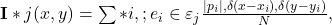 \mathbf{I}*j(x,y) = \sum*{i,; e_i \in \varepsilon_j} \frac{|p_i|,\delta(x - x_i),\delta(y - y_i)}{N},